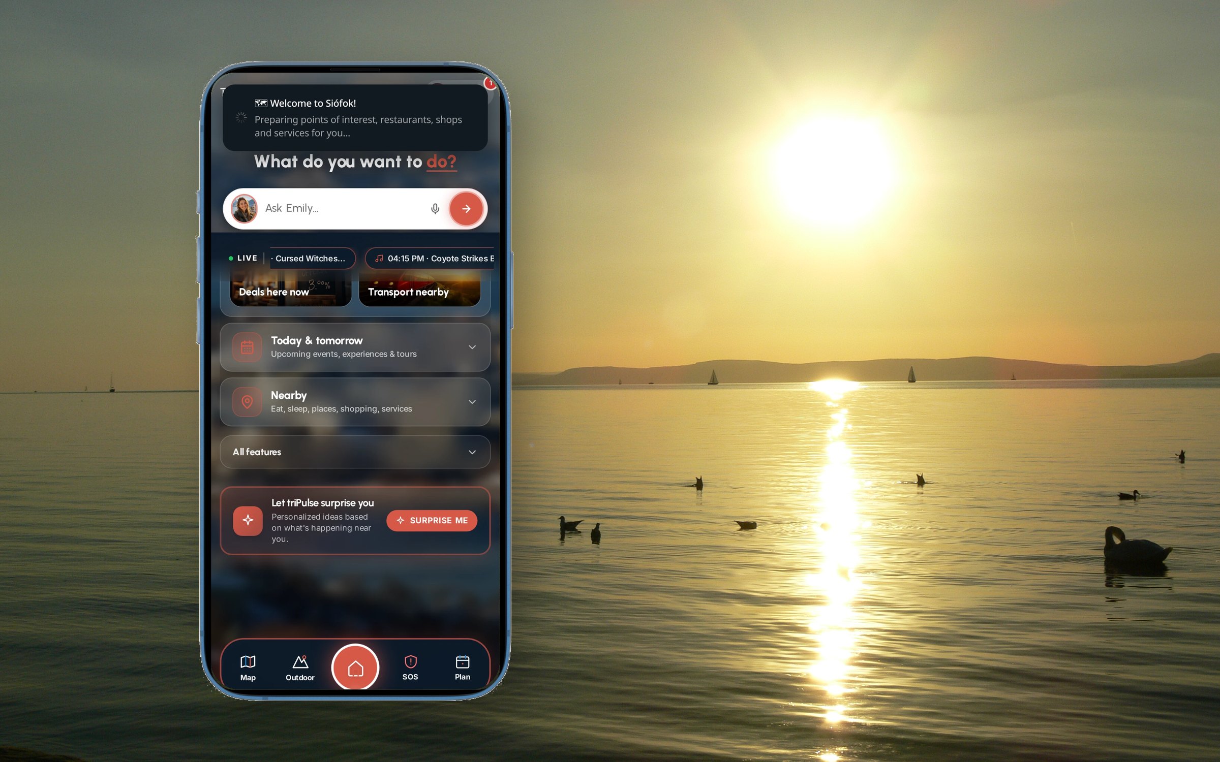 Tramonto sul lago Balaton da Balatonföldvár, con l'app triPulse aperta su Siófok